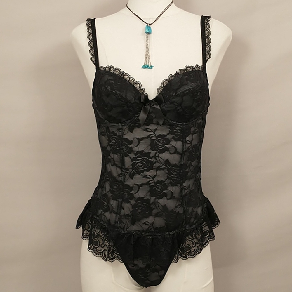 Sexy Black Lace Lingerie Bustier Corset w Thong